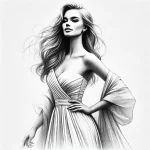 DALL·E 2025-02-07 22.39.22 – A black-and-white pencil sketch of a radiant woman exuding confidence and grace. She stands elegantly, her posture poised as she flaunts her perfectio